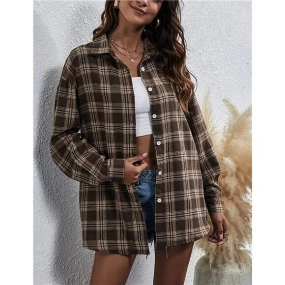 Womens Flannel Plaid Shirts Oversized Button Down Shirts Blouse Tops - Picture 2 of 6